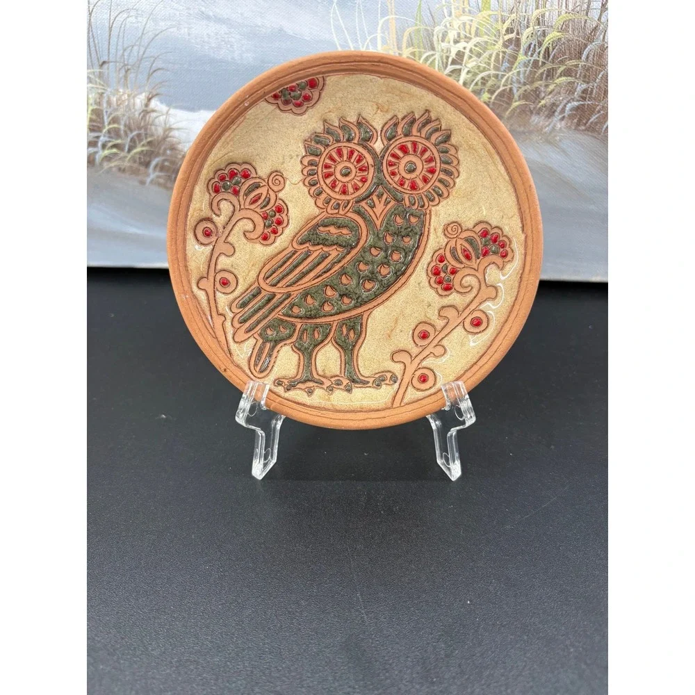 Bonis Rhodes Greece Handmade Pottery Owl Plate Terracotta Folk Art 1999 4.75in